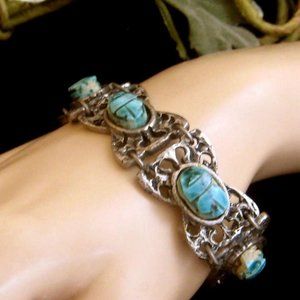 Egyptian Revival Bracelet green Scarabs on silvertone setting